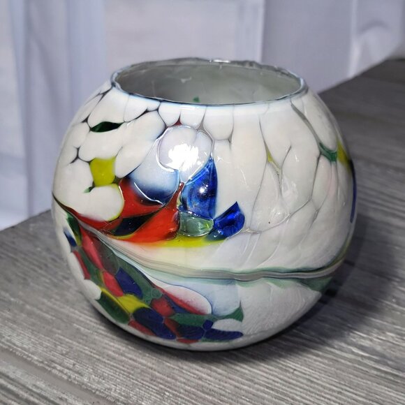 Art Glass Rose Bowl Mouth Blown In Poland Centerpiece Tea Light Candle Holder - Picture 1 of 14